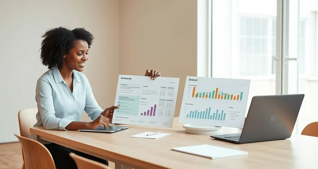 Donor and nonprofit manager examining simple impact dashboards and scorecards in a minimalist meeting room
