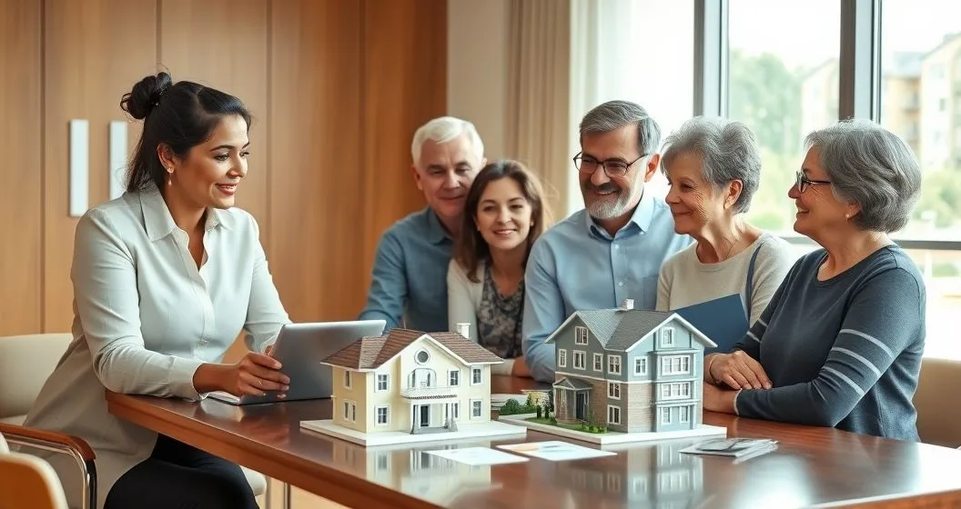 Financial advisor and multi generational family discussing long term care with models of a house assisted living building and a nursing facility plus funding symbols on the table