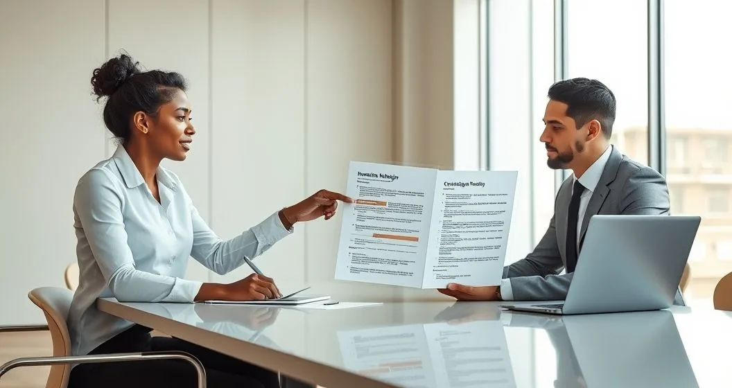 An insurance advisor points to shaded exclusion sections on a policy as a client looks on in a minimalist conference room