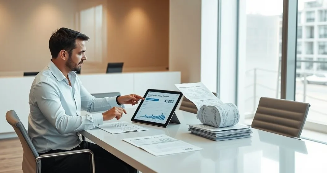 Loan officer and self employed borrower in a modern office reviewing tax returns profit and loss statements and business bank records on a tablet and printed documents
