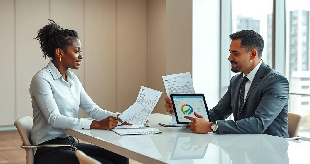 Financial advisor presents bank statements receipts and a creditor letter while pointing to a tablet displaying a highlighted credit report dispute and a subtle upward score gauge in a modern office