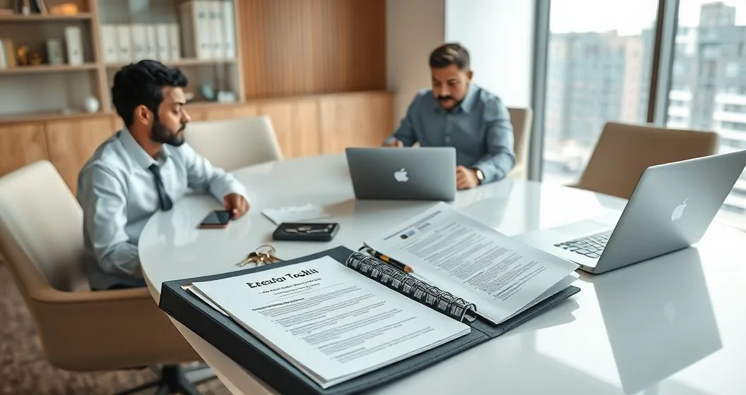 Executor reviewing a labeled Executor Toolkit folder on a conference table while an advisor points to a first day checklist