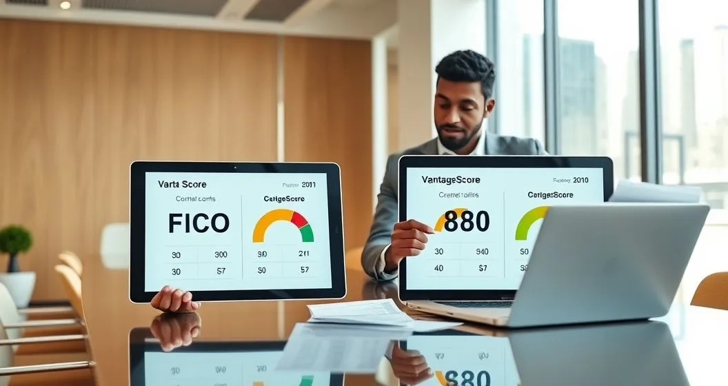 Financial advisor points to FICO and VantageScore numbers shown on tablet and laptop while a client reviews a printed credit report in a modern office