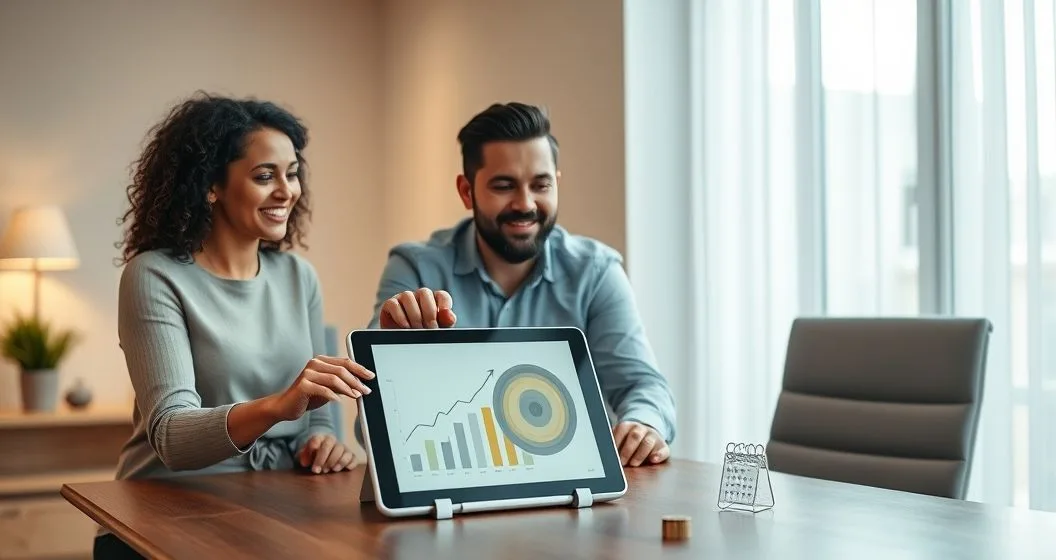 Financial planner shows a couple an upward projection on a tablet with coins and a calendar on the table symbolizing early retirement planning