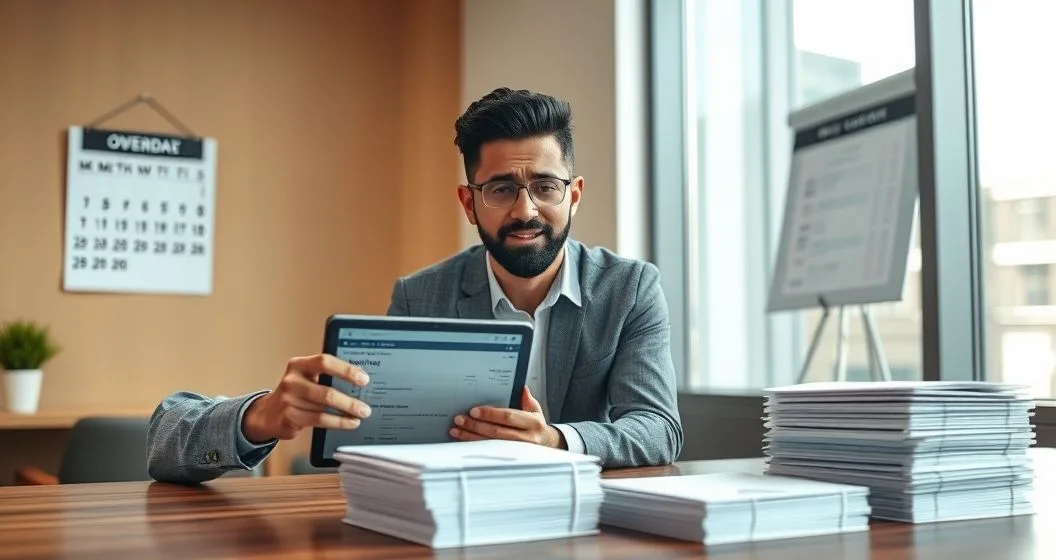 Tax advisor pointing to a tablet showing a payment plan while a concerned client looks on with a calendar and notice envelopes on the table