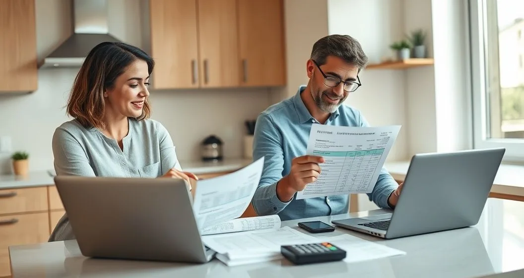 Two diverse adults at a modern kitchen table reviewing receipts and a laptop spreadsheet to divide household expenses fairly with a calculator and allocation sheet