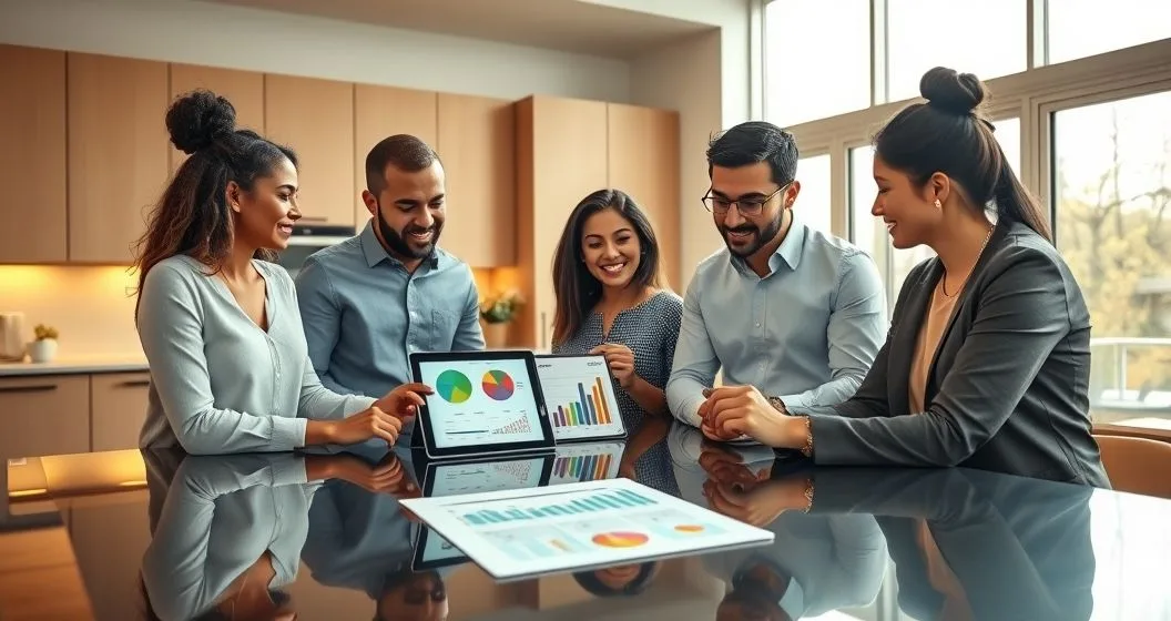 Two couples and a financial advisor reviewing charts on a tablet and a printed budget at a modern kitchen table