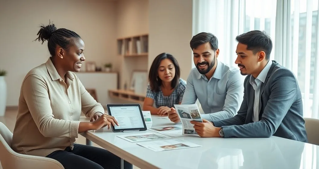 Diverse family and financial advisor reviewing a tablet checklist with photos and receipts on a table in a recovery center