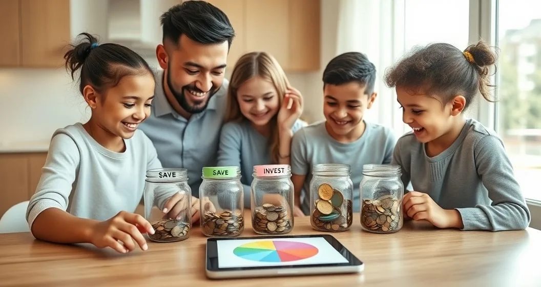 Parents and two children at a modern kitchen table sorting coins into jars and using a tablet to learn saving spending and investing