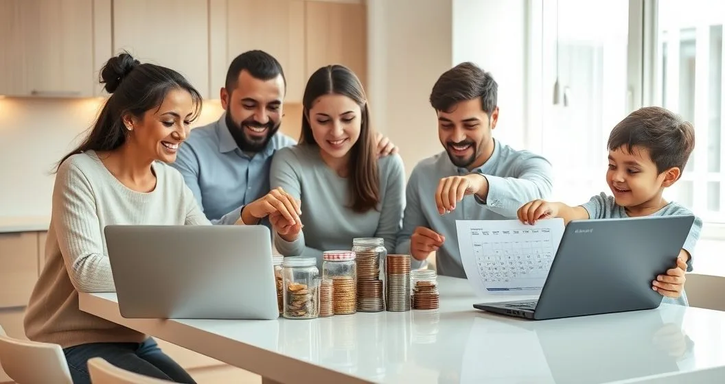 Diverse family at a modern kitchen table sorting coins into jars and using a laptop and tablet to plan a monthly budget