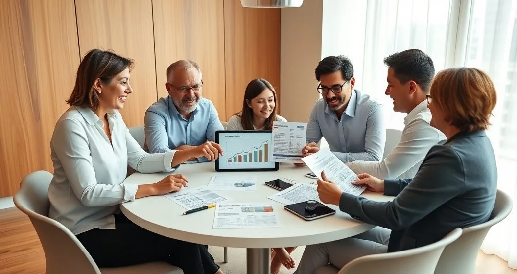 Multigenerational family and financial advisor around a table reviewing a giving plan on a tablet and papers in a modern conference room