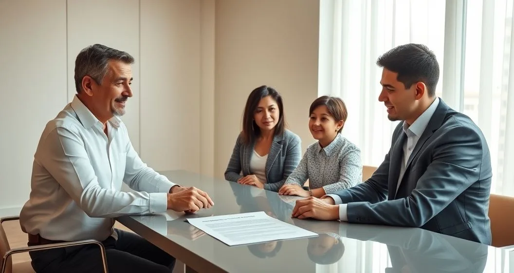 Multi generation family with financial advisor reviewing and signing governance documents at a conference table in a modern office