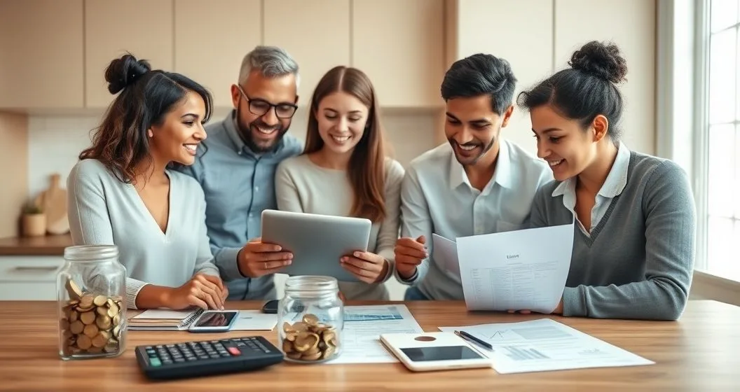 Diverse family with a financial advisor at a kitchen table reviewing finances with a jar of savings and a tablet