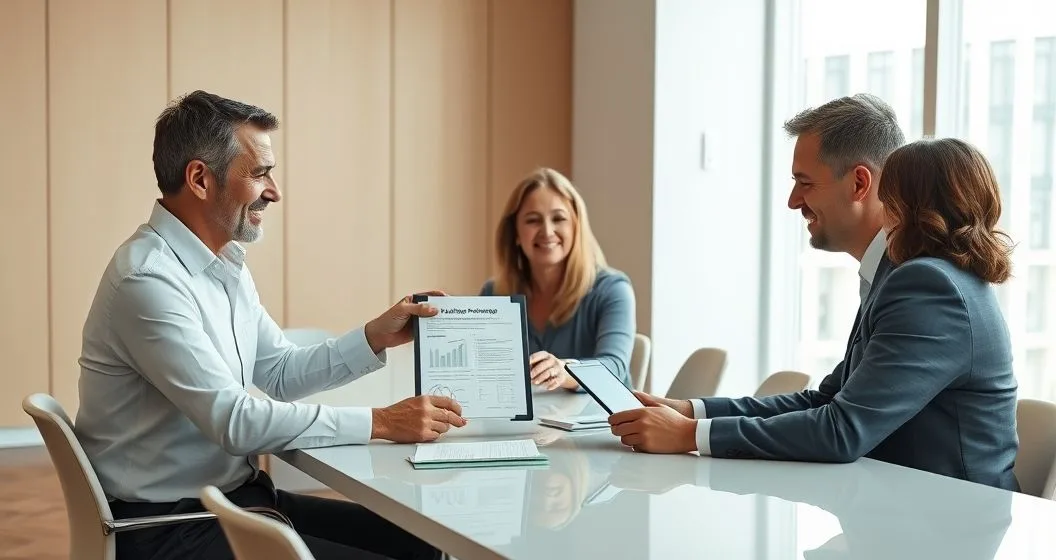 Family and tax attorney transferring a limited partnership certificate at a conference table with tablet diagram