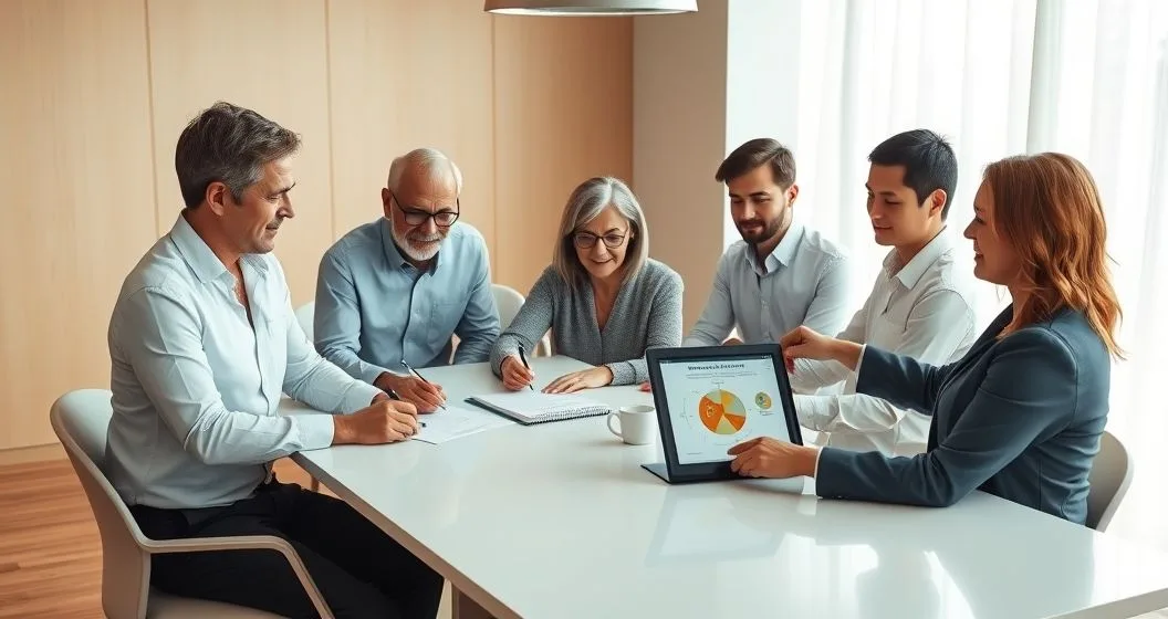 Senior parents sign a partnership agreement at a conference table as a lawyer and adult children look on with a tablet and small asset models symbolizing centralized family assets