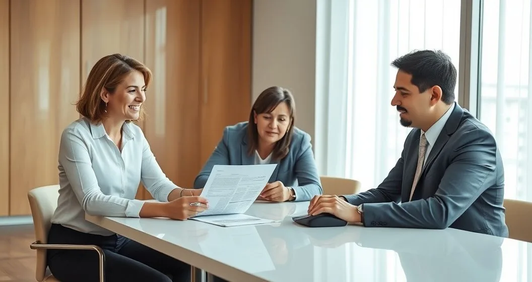Parents and adult child meeting a financial advisor over a promissory note and calculator in a modern conference room