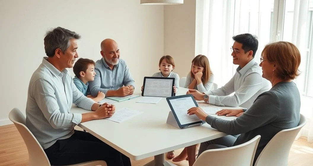 Multigenerational family and facilitator around a table using worksheets and a tablet to introduce wealth values and decision making.