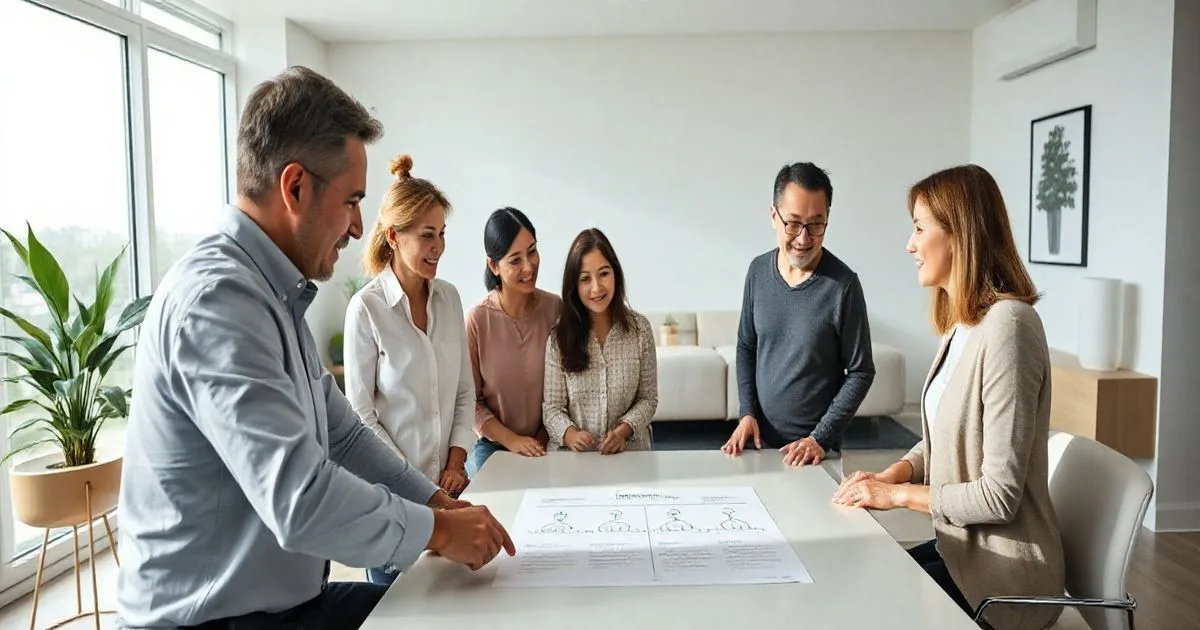 Multigenerational family and estate attorney around a table reviewing a timeline chart to plan gifts and reduce future conflict