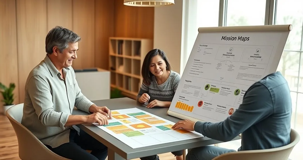 Multigenerational family and advisor around a table reviewing a mission map and color coded cards representing giving options