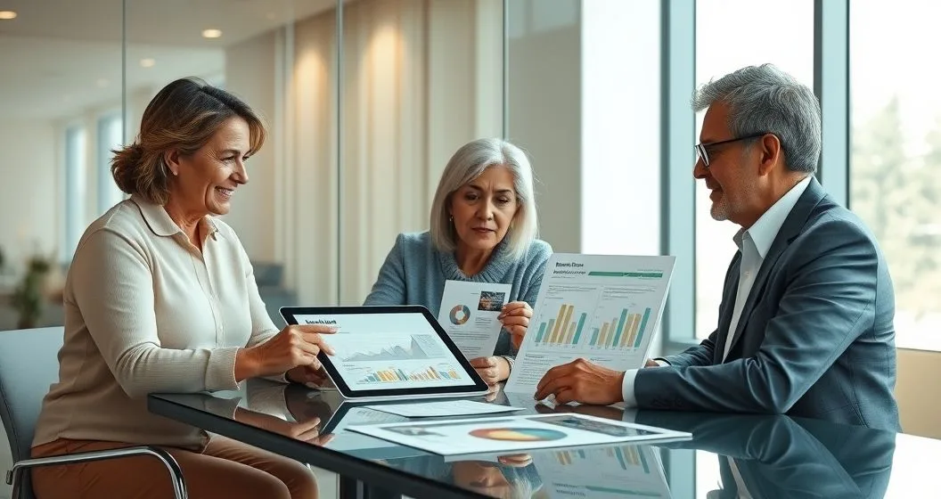 Multi generational family and advisor examining an impact dashboard on a tablet and printed charts showing measurable philanthropic outcomes in a modern conference room