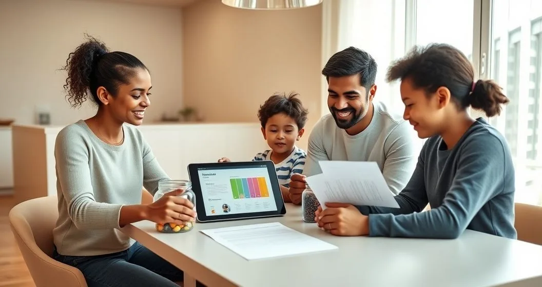 Multiracial family with children at a modern table allocating token coins into colored jars and reviewing a tablet with impact visuals to plan charitable giving