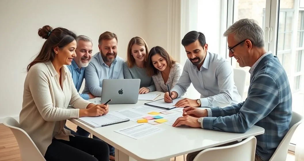 Multigenerational family and advisor reviewing grant guidelines at a modern table