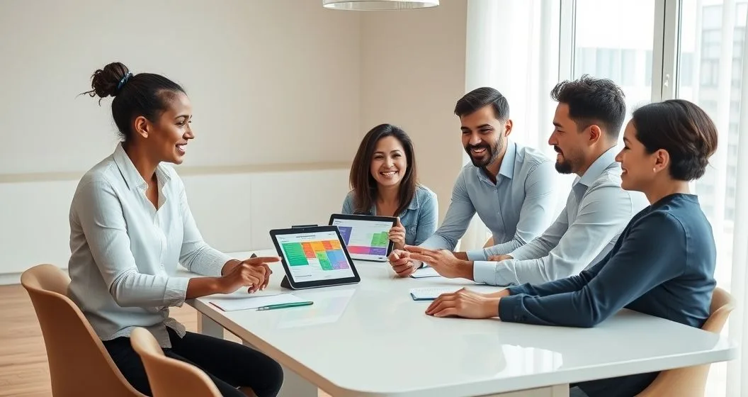Family and advisor reviewing a color coded risk matrix on a tablet at a minimalist meeting table