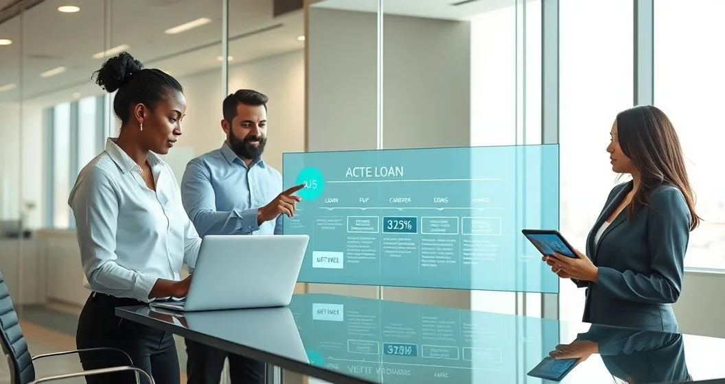Loan officers collaborating around a transparent touchscreen displaying an automated loan workflow that implies faster underwriting