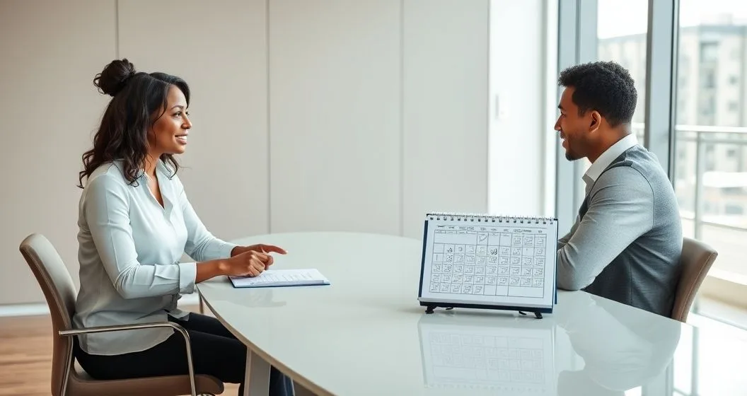 Financial counselor and borrower at a clean office table with a single loan folder and a calendar showing consecutive checked payments representing consolidation and rehabilitation paths to restore defaulted loans.