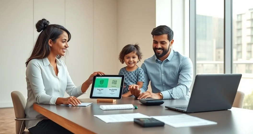 Tax advisor reviewing tablet with a young diverse family and child at a minimalist office table surrounded by laptop calculator and documents