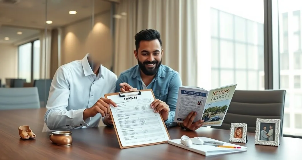 Payroll specialist guiding a diverse couple reviewing a Form W-4 in a modern HR conference room with baby shoe wedding photo and retirement brochure on the desk