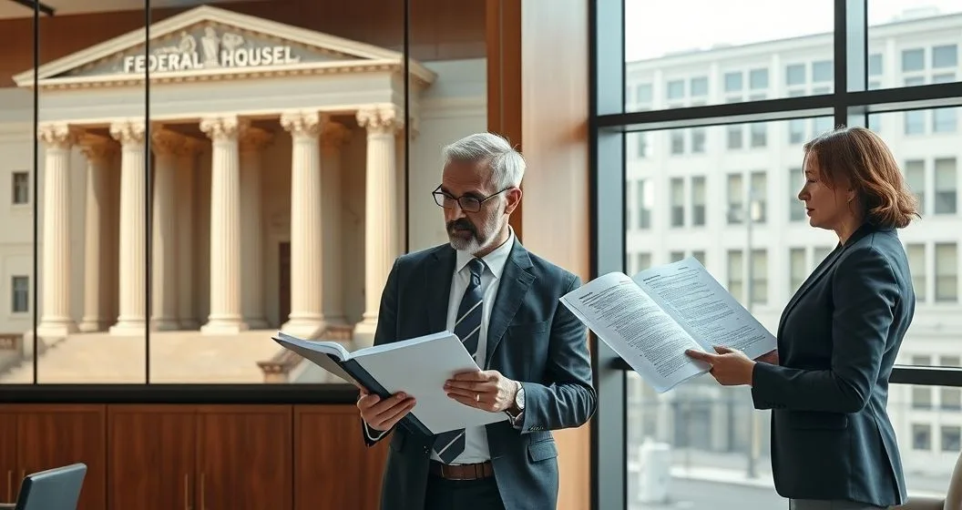 Borrower at a conference table with two advisors one side framed by a courthouse and organized binder representing federal discharge the other side framed by a bank office and dense contract representing private discharge