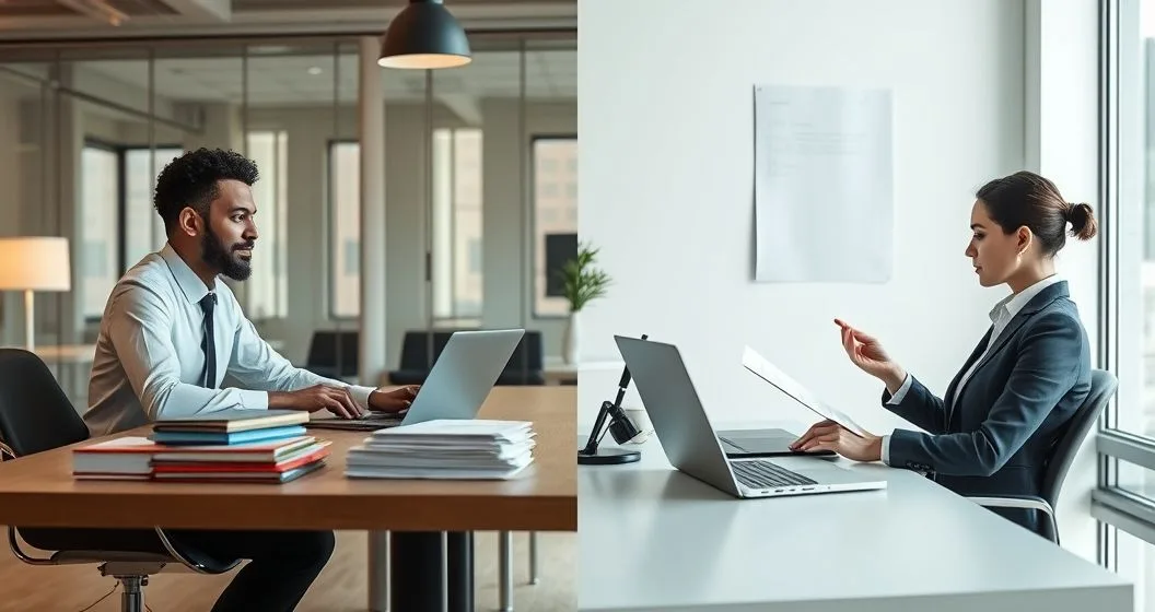 Split image one side shows an auditor meeting a client across a table with files representing a field audit the other side shows a person at a desk responding to a document on a laptop with an envelope representing a correspondence audit