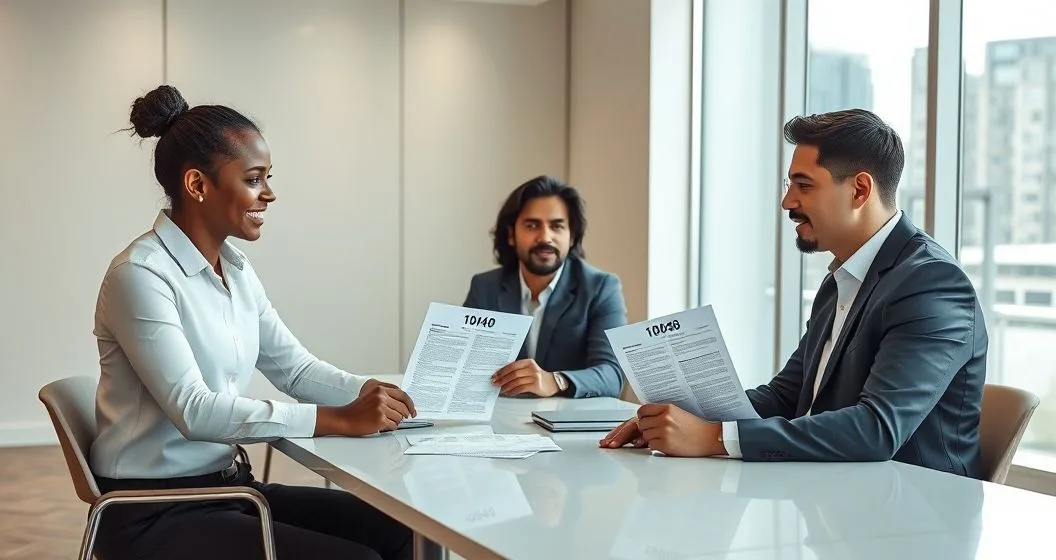 Tax advisor explains differences between Form 1040 and 1040 NR to two clients in a modern office