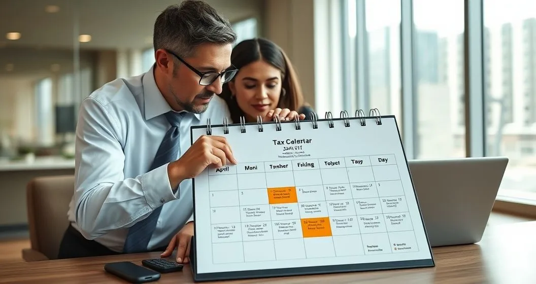 Tax advisor and clients reviewing a calendar highlighting January start date April deadline and October extension with weekend and holiday icons showing shifted deadline