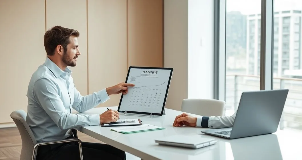 Tax advisor pointing to a residency timeline and tablet showing split months and state outlines while client takes notes in a modern office
