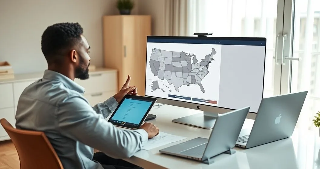 Remote worker on a video call with a tax advisor pointing to a tablet showing a US map with three highlighted states indicating residency statuses.