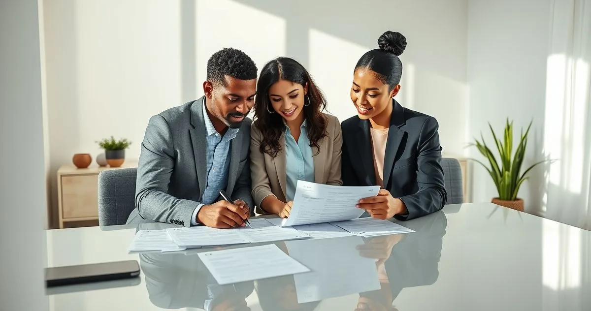 Tax advisor with a diverse couple at a modern conference table reviewing documents and a laptop calendar to determine correct filing status