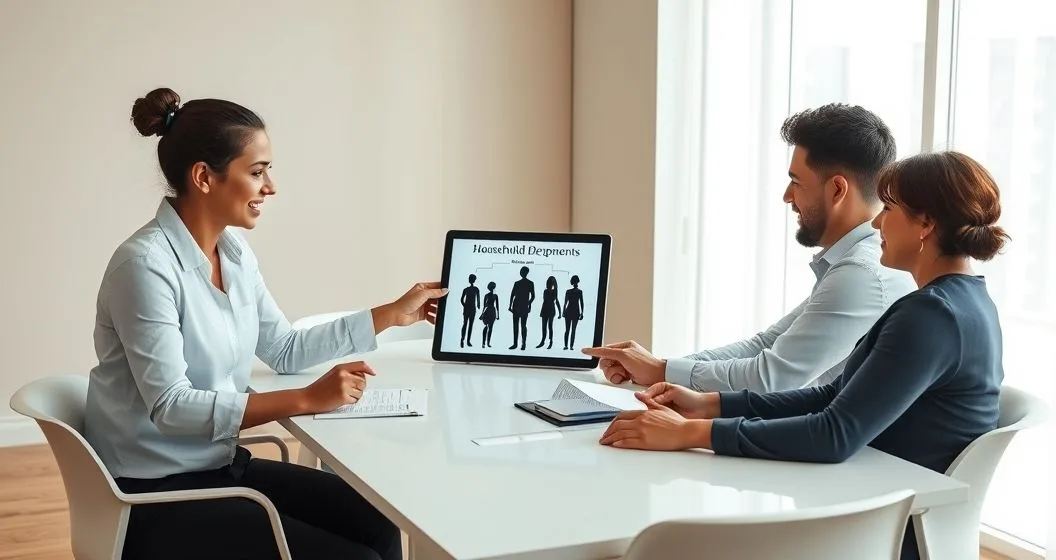 Tax advisor points to tablet showing household silhouettes as a couple and child listen at a conference table in a modern office.