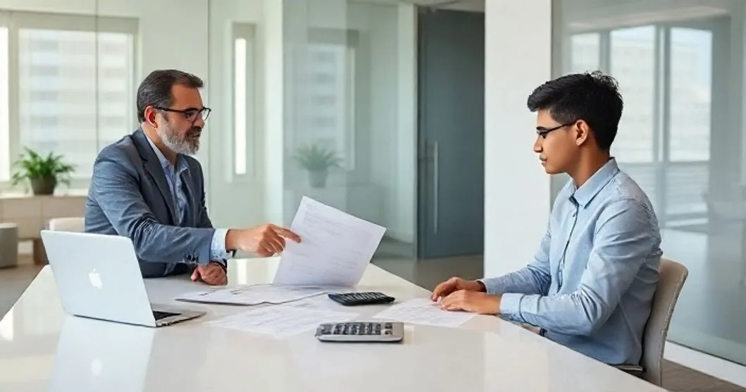A guardian with a child and a tax advisor reviewing tax documents at a clean modern office table