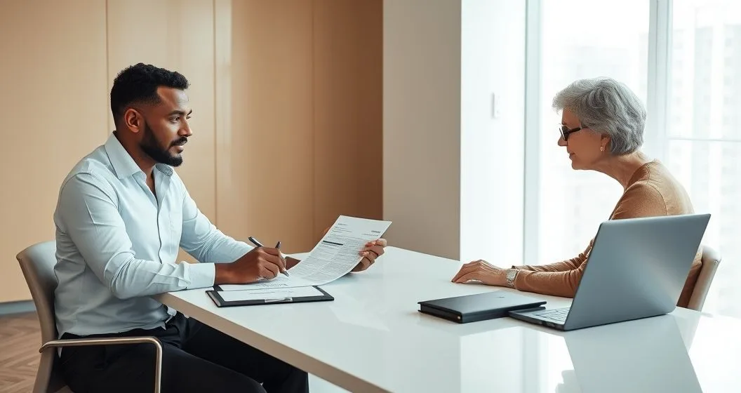 CPA and personal representative reviewing and signing final tax return papers at a conference table while a spouse observes, folders and laptop nearby.
