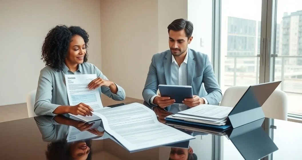 A consumer and financial advisor review a billing statement and dispute letter at a minimalist office table