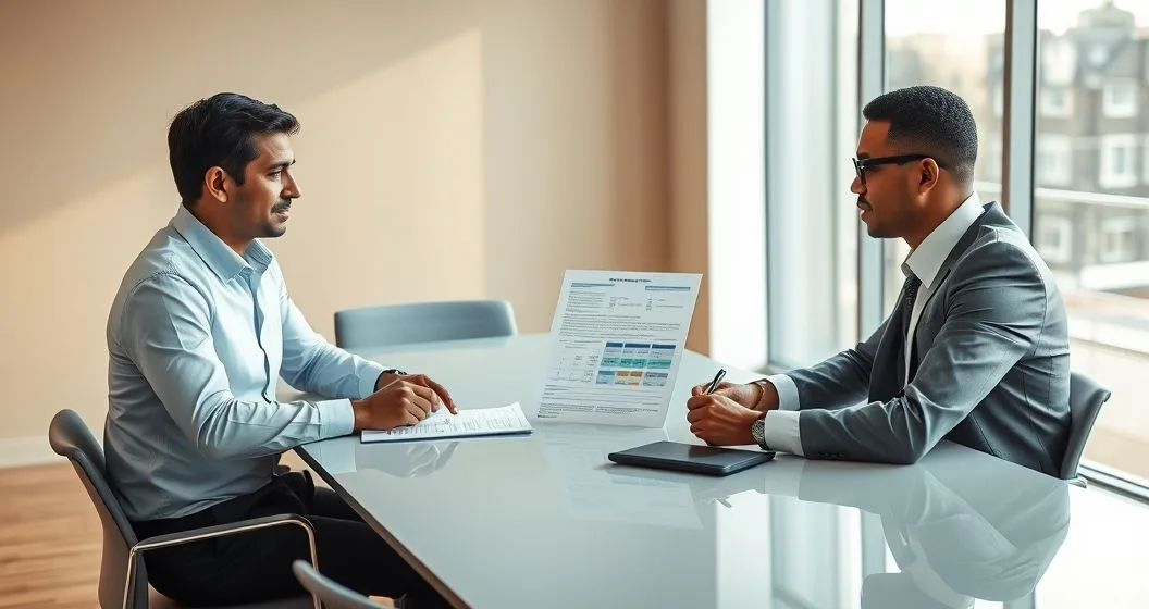 Tax advisor pointing to corrected figures on a printed tax form as a client signs an amended state tax return at a modern office table