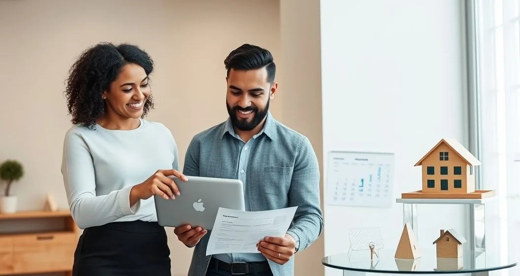 Financial advisor with diverse clients reviewing a tablet and checklist at a clean office table with a baby shoe and house key as life event cues