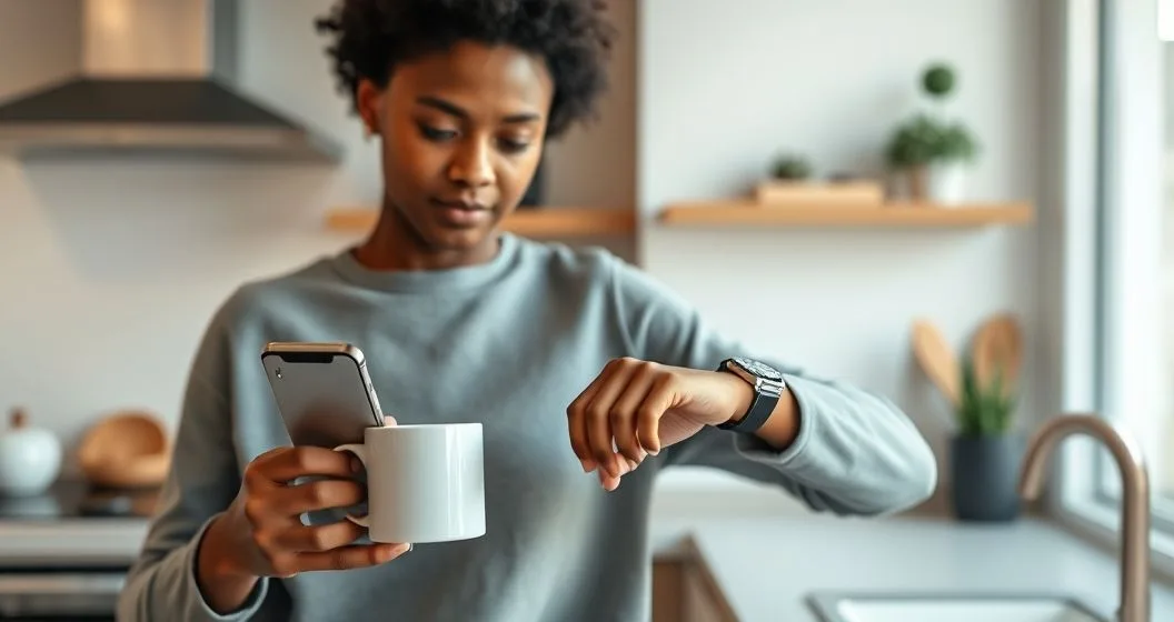 Diverse professional in a minimalist kitchen using a smartphone that shows tiny coins moving into a savings icon while placing a coffee mug and glancing at a smartwatch representing linking daily habits to micro savings
