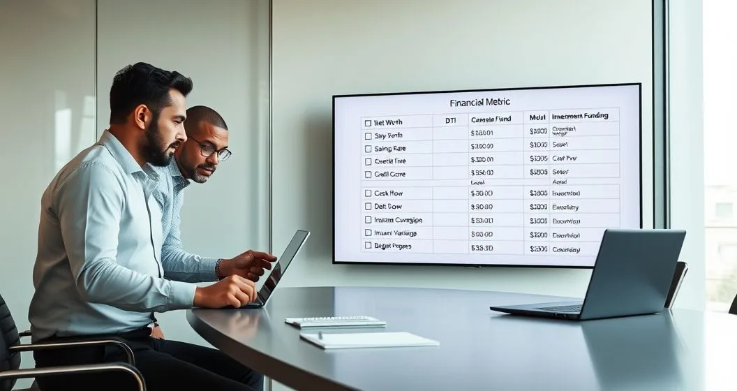 Two professionals reviewing a tablet and monitor showing a 12 metric financial health checklist in a modern conference room