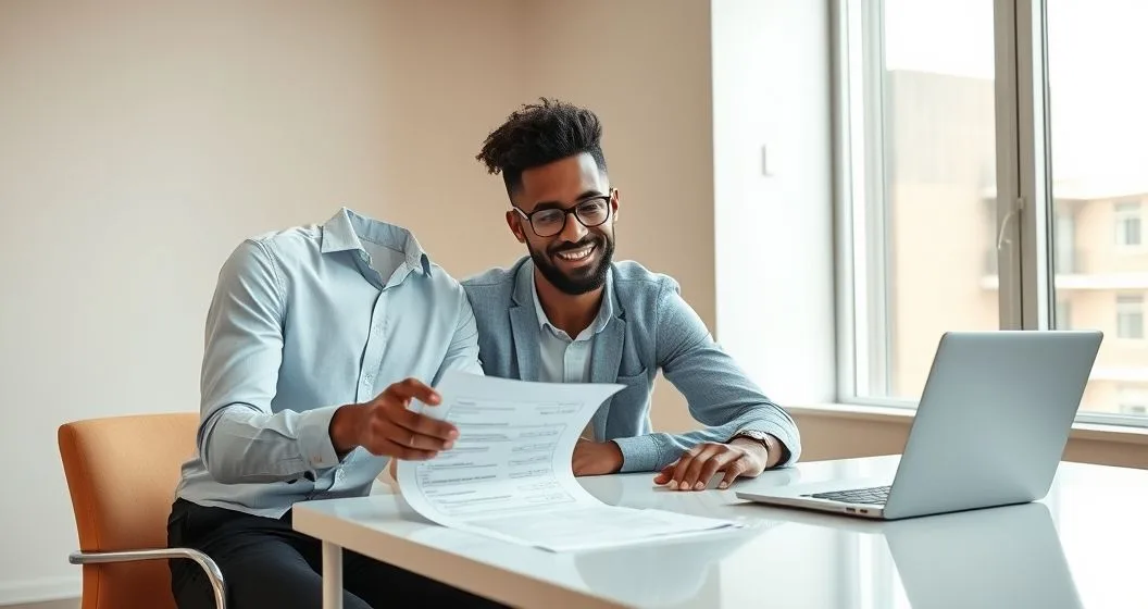 Young adult and financial advisor reviewing a checklist on a tablet and paper at a clean desk in a modern office.