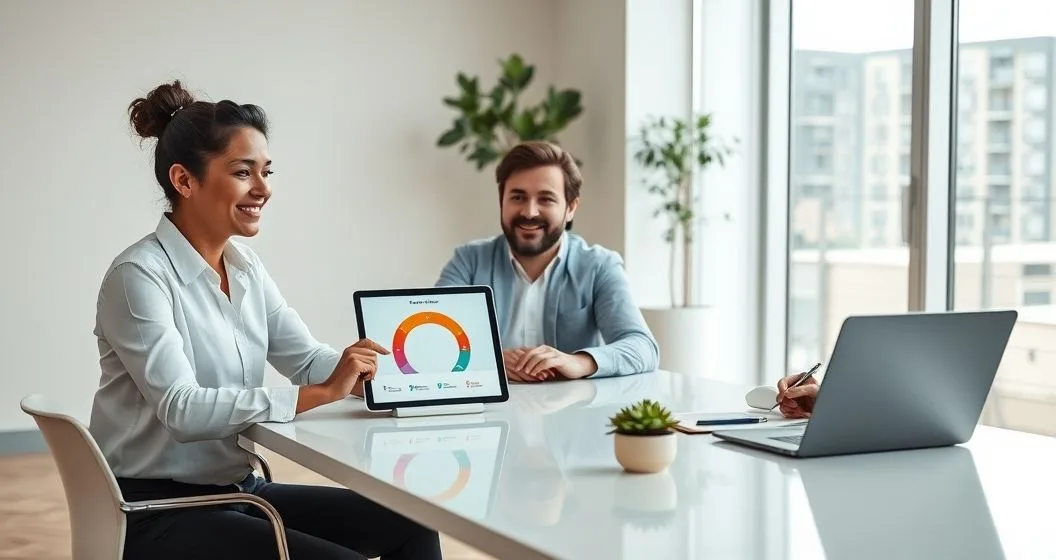 Three diverse young professionals reviewing progress rings on a tablet during collaborative financial planning in a modern office