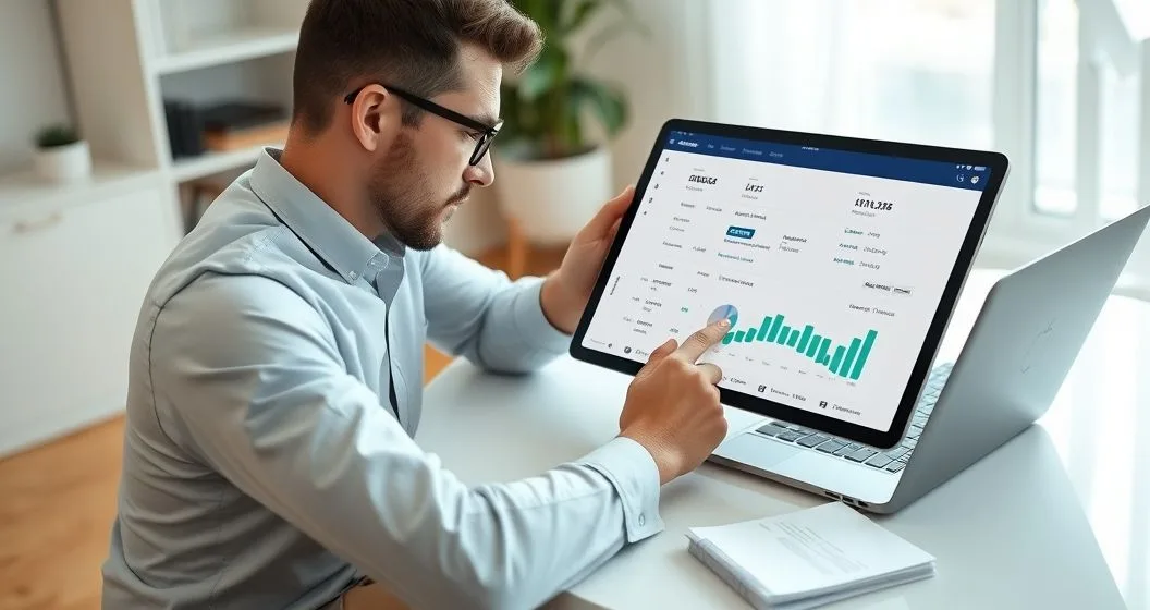 Freelancer comparing a tablet showing income sources and a cash flow forecast to smartphone notifications while organizing receipts at a tidy desk