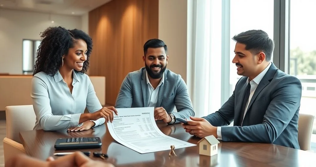 Diverse couple and mortgage officer at a modern conference table reviewing an itemized closing costs document with a calculator and house model and keys on the table.